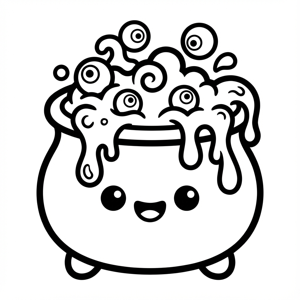 Cauldron bubbling with eyeballs, designed for thick line coloring pages printable and chunky line art coloring.